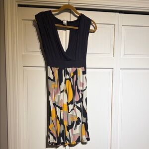 VENUS Navy Bodice Abstract Print Midi Dress with Yellow and Pink Accents